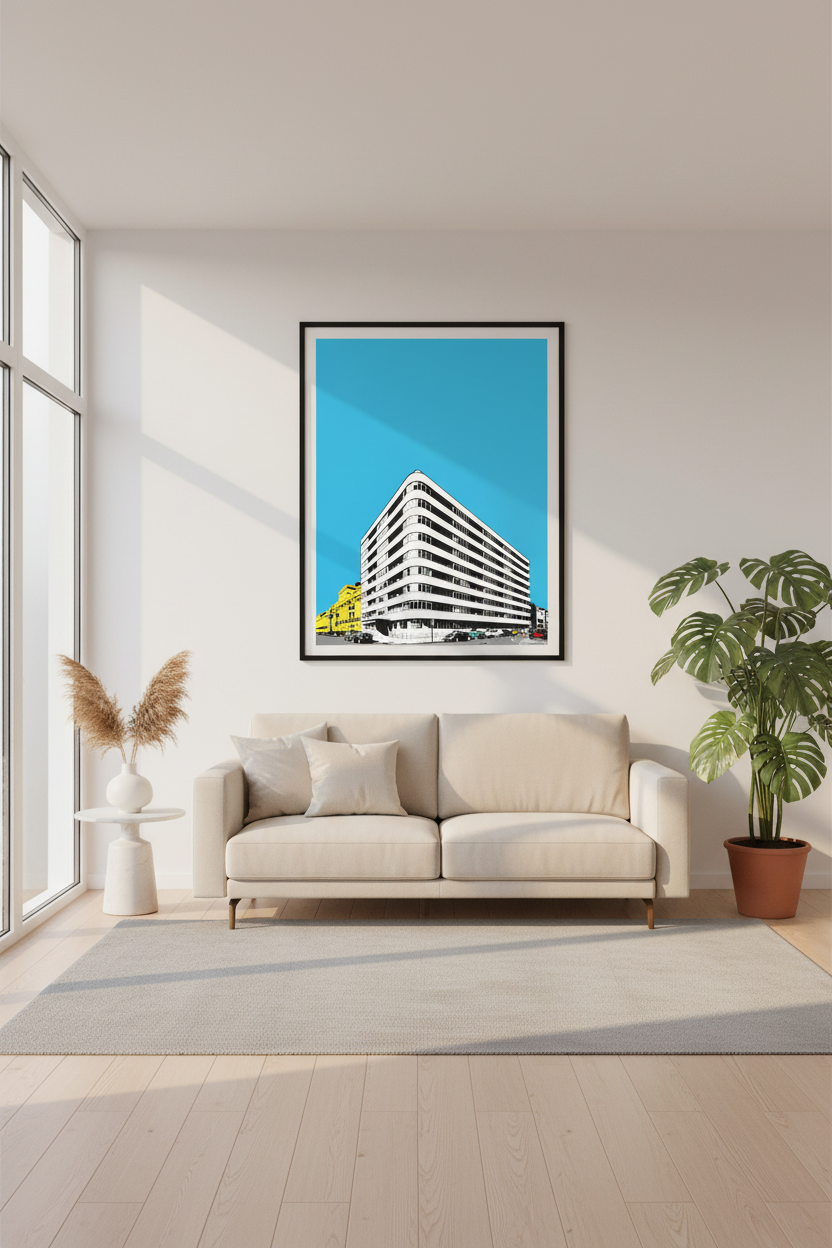 Embassy Court print in minimalist living room