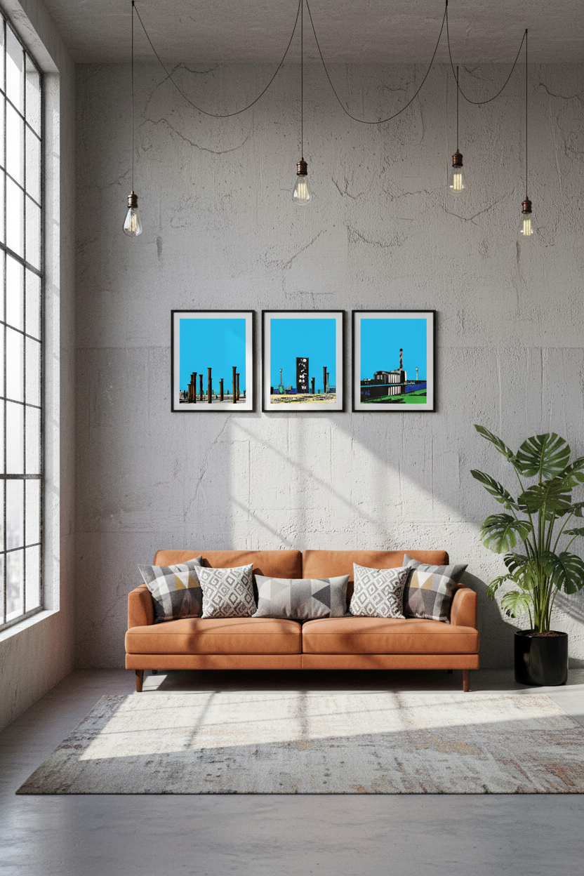 The Golden Spiral, Kissing Wall and Shoreham Power Station prints displayed together in an urban loft