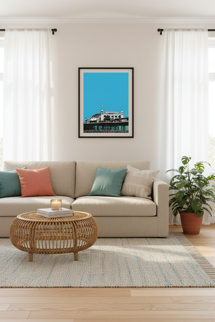 Brighton Pier print styled in a bright coastal living room